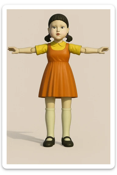 Red Light Green Light doll from Squid Game, full body, arms outstretched, simple background sticker