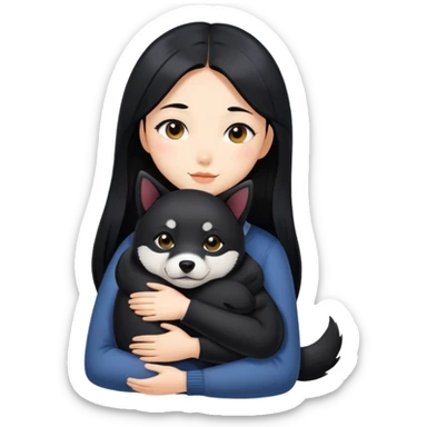 A beautiful girl with long black hair hugs a Black Shiba Lnu sticker