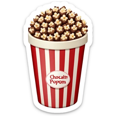 Chocolate popcorn in a paper jar with red and white vertical lineso sticker