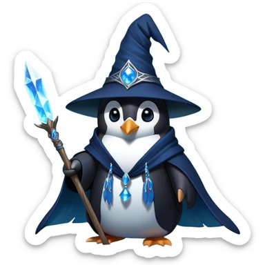 A mysterious penguin mage with sleek midnight-blue feathers, wearing a flowing black robe adorned with silver runes. A tall, pointed wizard hat sits slightly tilted on his head, the brim casting a shadow over his glowing icy-blue eyes. His flipper clutches an ancient wooden staff topped with a swirling crystal, radiating a soft, cold light. Snowflakes drift around him as he stands on a frozen cliff, his aura crackling with arcane energy, ready to summon a blizzard with a flick of his staff. sticker