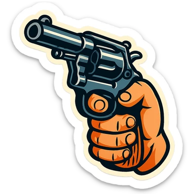 revolver in a male hand, retro stickers style, sharp black outlines, clear shadows and highlights, no gradients sticker
