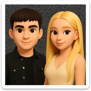 Slightly increase the volume of the upper body of the girl, separate the girl and the boy from each other, make the skin color the same for both characters, while preserving the cartoonish 3D style as shown in the reference image. sticker
