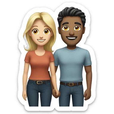 smiling couple in casual attire with dark haired man and blonde woman sticker