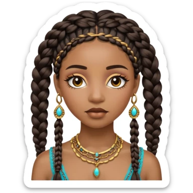 A black girl with neutral skin, Bohemian, braids, and gold, jewelry and lashes and make up on her face sticker