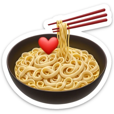loose tangle of pale yellow cooked noodles with soft glossy texture and natural curves, strands slightly twisted and overlapping, freshly prepared dish, no bowl chopsticks or sauce, soft lighting, subtle shadows, emoji scale, make the noodles heartshaped and add tiny red hearts on the noodles sticker