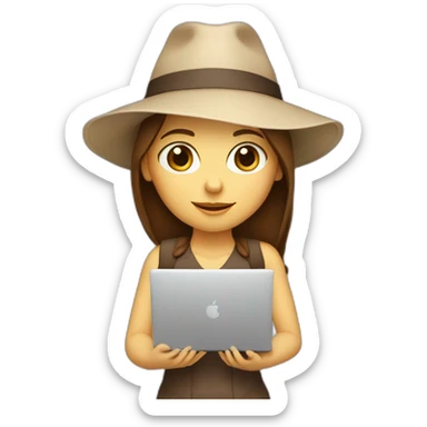 white skin, Girl with a hat, brown hair straight to the shoulders, holding a laptop sticker