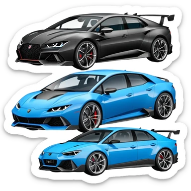 three cars lineup fromt profile forming a semi circle with a lamboghini svj an bmw m140i and a audi rs6 sticker