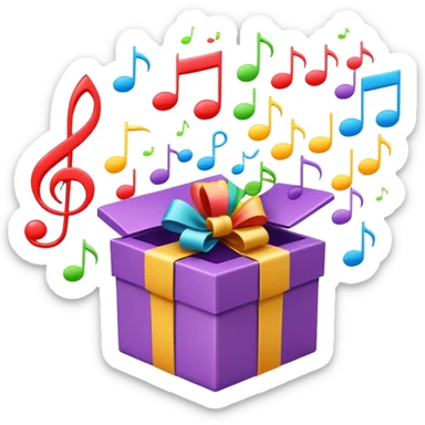 A wrapped gift box opening with colorful music notes flying out from the box sticker