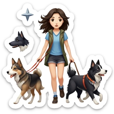 A long-haired girl walks three dogs, a German Shepherd, a Husky, and a Meteorite Border Collie sticker
