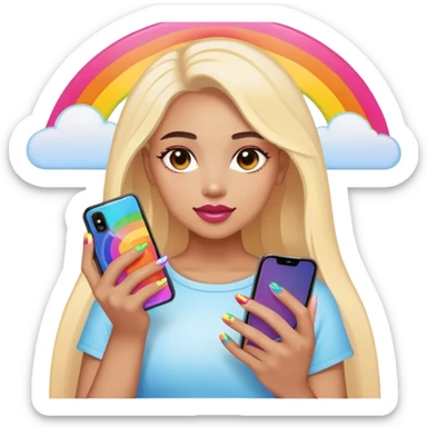A person holding a phone with a sunset, phone, cover and with rainbow nails sticker