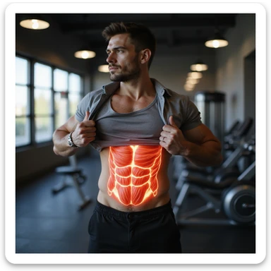 Italian man in gym, lifting his shirt to show belly; anatomical overlay showing fat reduction and muscle activation, realistic style, vertical 9:16 aspect ratio sticker