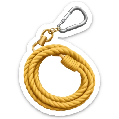 A 3D cartoon coiled climbing rope with a carabiner, golden color, resting on a rocky surface, realistic soft shadows, Memoji-style rendering. sticker