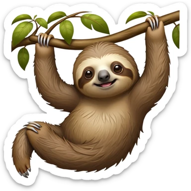 cinematic-sloth-realistic-full-body-hanging-emoji,-long-curved-claws-clinging-to-a-tree,-thick-shaggy-brown-fur-slightly-ruffled,-head-tilted-dramatically,-slow-blinking-eyes-filled-with-serene-wisdom,-simplified-yet-realistic-focused-features,-highly-detailed,-glowing-with-an-almost-sarcastic-glow sticker