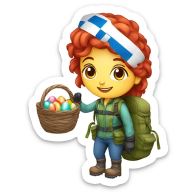 Female winter mountain climber red loose hair climbing with Greek flag on backpack and holding Easter eggs basket sticker