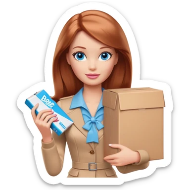 Barbie, blue eyes, shoulder-length reddish-brown hair, holds a package box, Barbie is wearing beige and brown colored clothes sticker