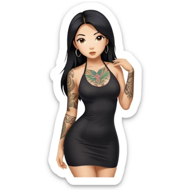 Beautiful and fit Asian girl with long black hair and body tattoos sexy pose in sexy mini black dress sfw sticker
