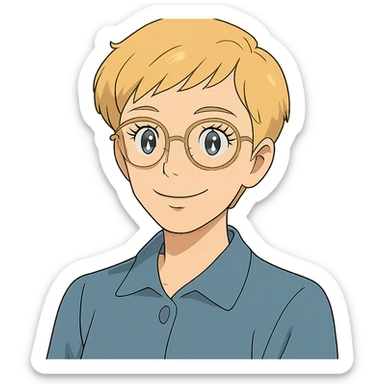 ghibli style blonde teacher with pixie haircut, gold glasses, blue eyes, big eyelashes, nice smile sticker