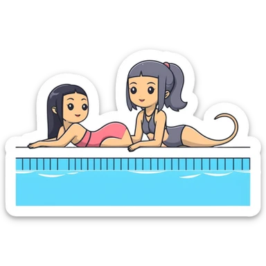 Very thin and slim Chinese woman with long black hair in pool attire at an indoor swimming pool with her Italian greyhound that is COMPLETELY solid dark grey with ABSOLUTELY ZERO white markings anywhere - 100% uniform dark grey color only sticker