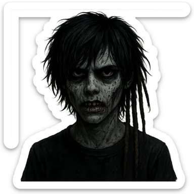zombie boy with black shaggy medium hair and dreads, emo style, dark, spooky, creepy expression sticker