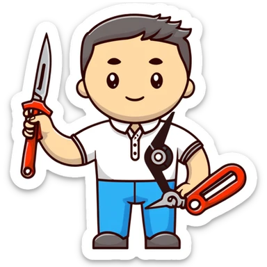 A Ukrainian man in a white embroidered shirt holds a spanner in one hand and scissors in the other sticker