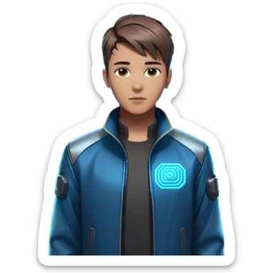 Emoji: A confident young man with short brown hair, wearing a cyberpunk-style jacket, standing next to a glowing, holographic AI assistant. The AI assistant has a sleek, futuristic design with blue neon circuits. The background is minimalistic but has a high-tech, futuristic vibe. sticker