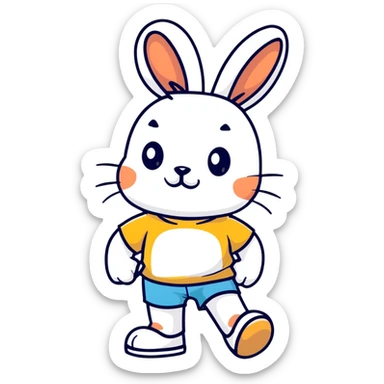 retro 1930s anthropomorphised rabbit in a t-shirt and shorts walking black and white sticker