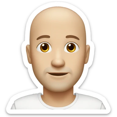 white bald man with brown eyes and a stubble sticker