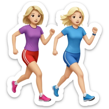I want 2 women holding hands running in same direction, one is brunette, one is blonde different outfits and please hold hands sticker