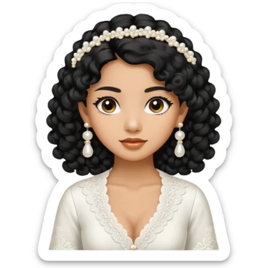 tan skin women, with black long Curly hair, wear white kebaya , and little pearl earring sticker