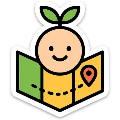 minimal icon of Nora nutrition navigator, friendly face, green sprout or leaf, subtle map or navigation element, simple flat icon design sticker