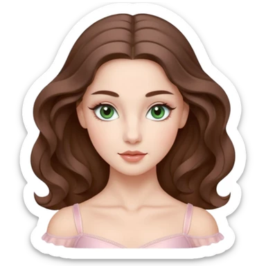 Cinema Realistic Ballerina Portrait, with porcelain-like skin featuring a natural rosy flush, illuminated by soft lighting that highlights the gentle contours of her face. Her Brunette hair flows in soft.Her deep green light eyes radiate framed by arched brows and long lashes. sticker