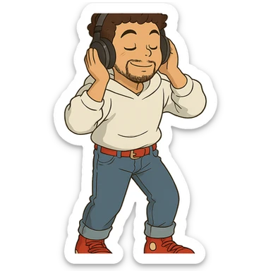 1 male, mid fade haircut dark chestnut brown curly hair, toasted lightskin, white hoodie sleeves up, fashion jeans, red fashion-sneakers shoes, red belt, short trimmed beard and goatee,  style of deku from "my hero academia", headphones on jammin', twtich emote sticker