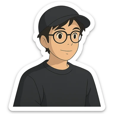 ghibli style guy in glasses and a black cap sticker