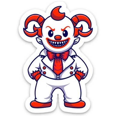 full-body demonic clown in a white leisure suit with bellbottom pants, bald, with black ram horns, flashy belt, ruffled shirt, no neck tie, large fangs in mouth sticker