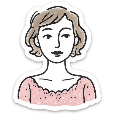 stylized icon of a woman with white skin, short wavy light brown hair, light makeup, wearing a pink dress with intricate, delicate details, minimal background sticker