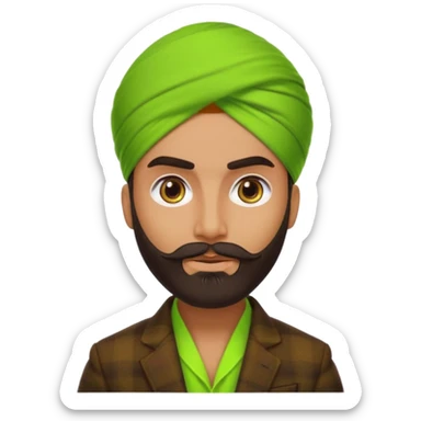 a pretty bratz emoji that looks like a bearded Akshay kumar wearing a neon green turban. Wearing a dark brown flannel blazer sticker