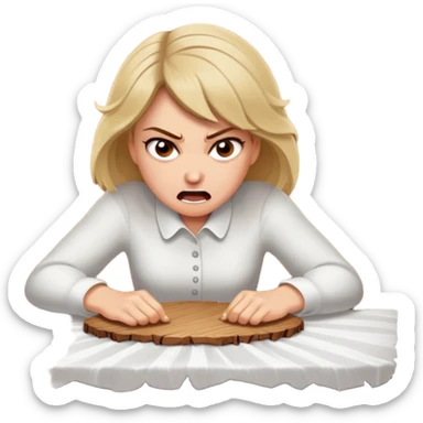 White woman ripping a white tablecloth off of a wooden table in anger sticker