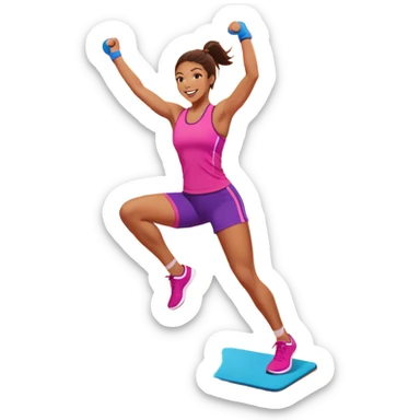 An energetic person performing an aerobics workout in a brightly lit gym, jumping and stretching with enthusiasm. The scene includes vibrant fitness equipment like dumbbells and exercise mats, with a background of cheerful, motivating colors, conveying energy and movement. sticker