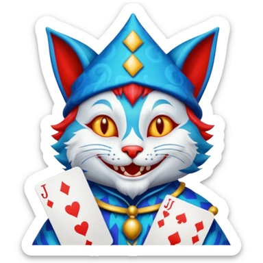 crazy colorful cute little cat jolly joker from poker, medieval, vintage, court jester, mac os icon, blue color, holds poker cards (clearly detailed and precise) sticker