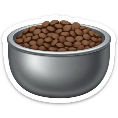 A shallow silver metal bowl with deep brown flat rounded kibbles sticker