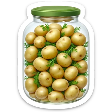 A round jar of small pickled potatoes with sprigs of dill floating inside.









 sticker