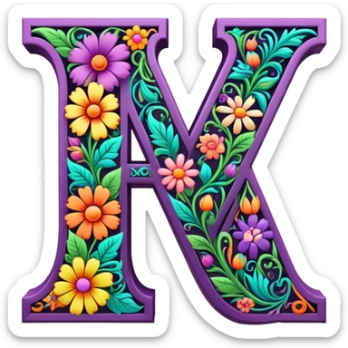 3D, gothic style psychedelic colored capital Letter N with hippie style flower border sticker
