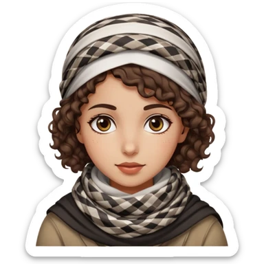 Palestinian girl emoji style, warm expression, short curly brown hair, traditional keffiyeh scarf, simple background sticker