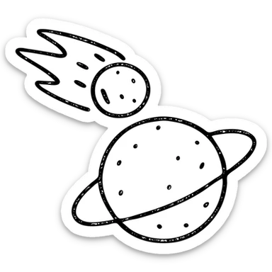 minimalist hand-drawn outlined icon of a meteor and planet, worn distressed effect sticker