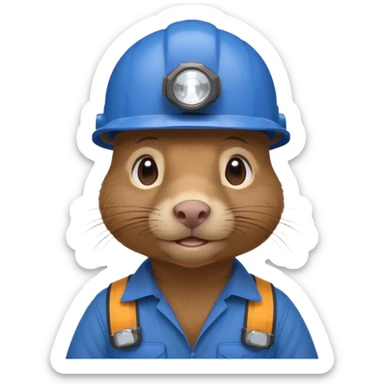 a mole rat, headlamp, BROWN worker cloth, blue helmet,  sticker