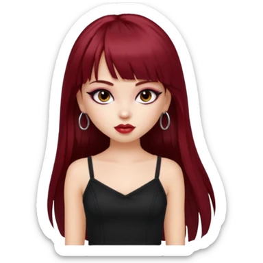 generate a pretty bratz girl in black cami top, dark red straight long hair with bangs, eyeliner on, 

 sticker