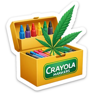 a box of crayola permanent markers with cannabis leaf sticker
