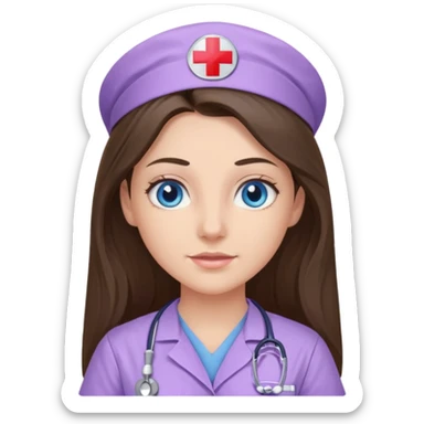 pretty brunette nurse with long hair and blue eyes in lilac scrubs sticker