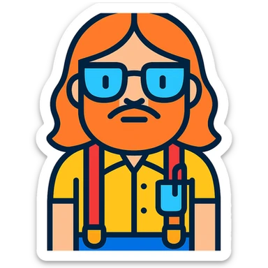 Add long hair and a beard to the nerd with suspenders and pocket protector, keeping the original style and transparent background. sticker