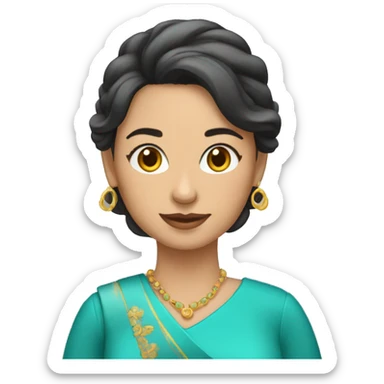 Mujer con vestido turquesa morena con un portatil sticker